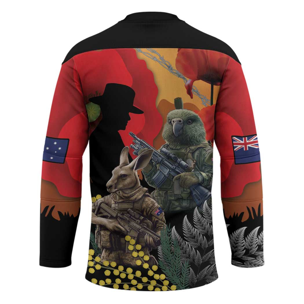 New Zealand and Australia ANZAC Day Hockey Jersey Sliver Fern Kakapo With Golden Wattle Kangaroo LT14 - Polynesian Pride