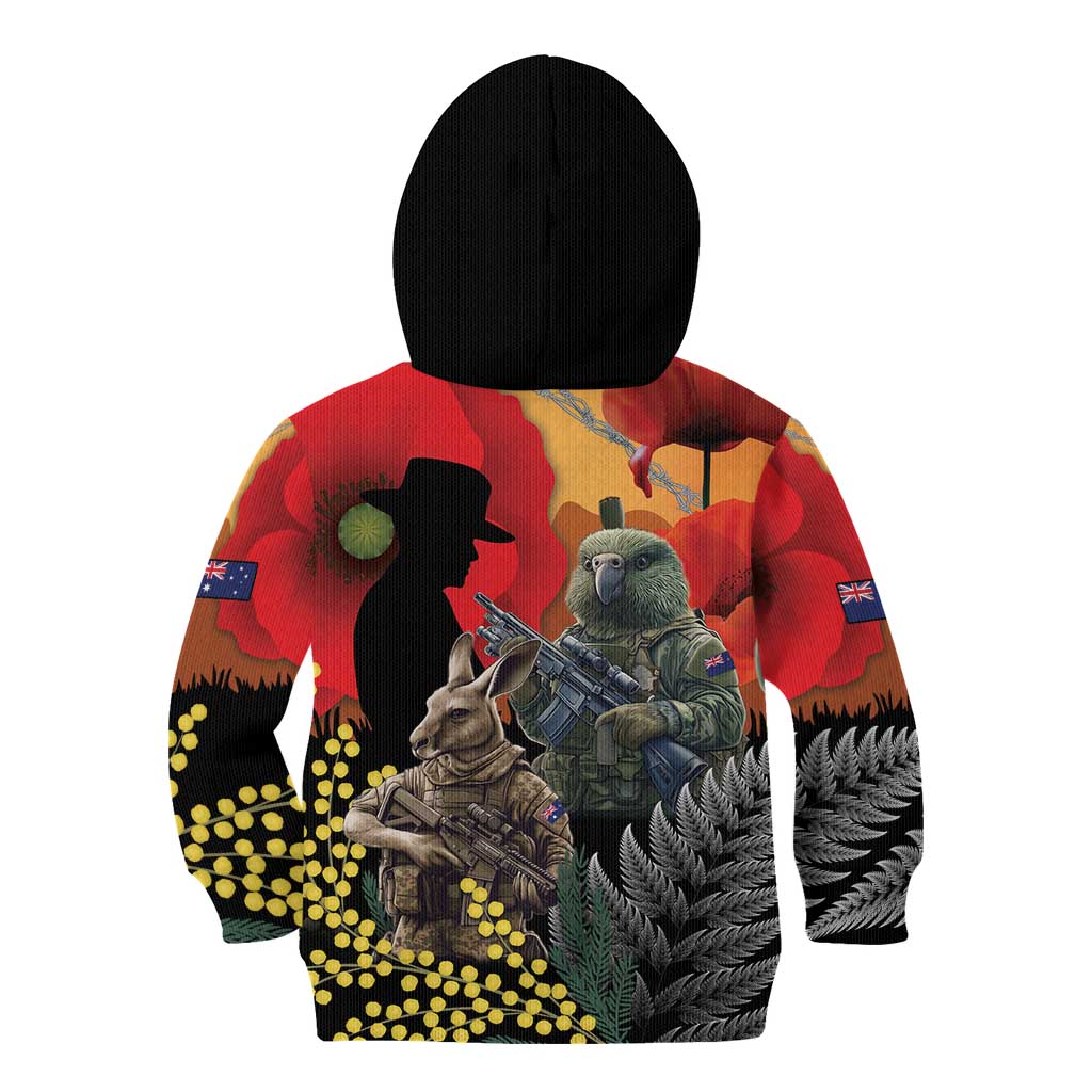 New Zealand and Australia ANZAC Day Kid Hoodie Sliver Fern Kakapo With Golden Wattle Kangaroo