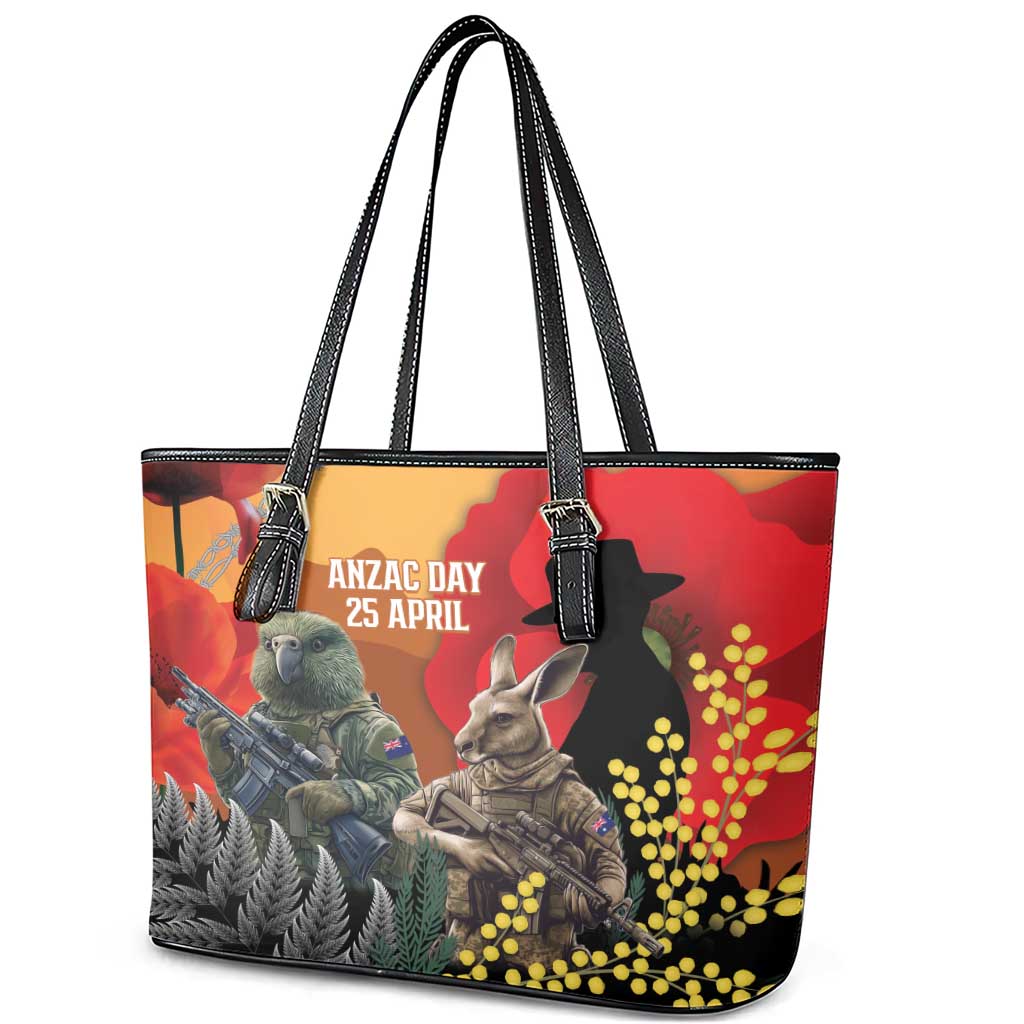 New Zealand and Australia ANZAC Day Leather Tote Bag Sliver Fern Kakapo With Golden Wattle Kangaroo