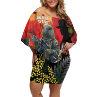 New Zealand and Australia ANZAC Day Off Shoulder Short Dress Sliver Fern Kakapo With Golden Wattle Kangaroo