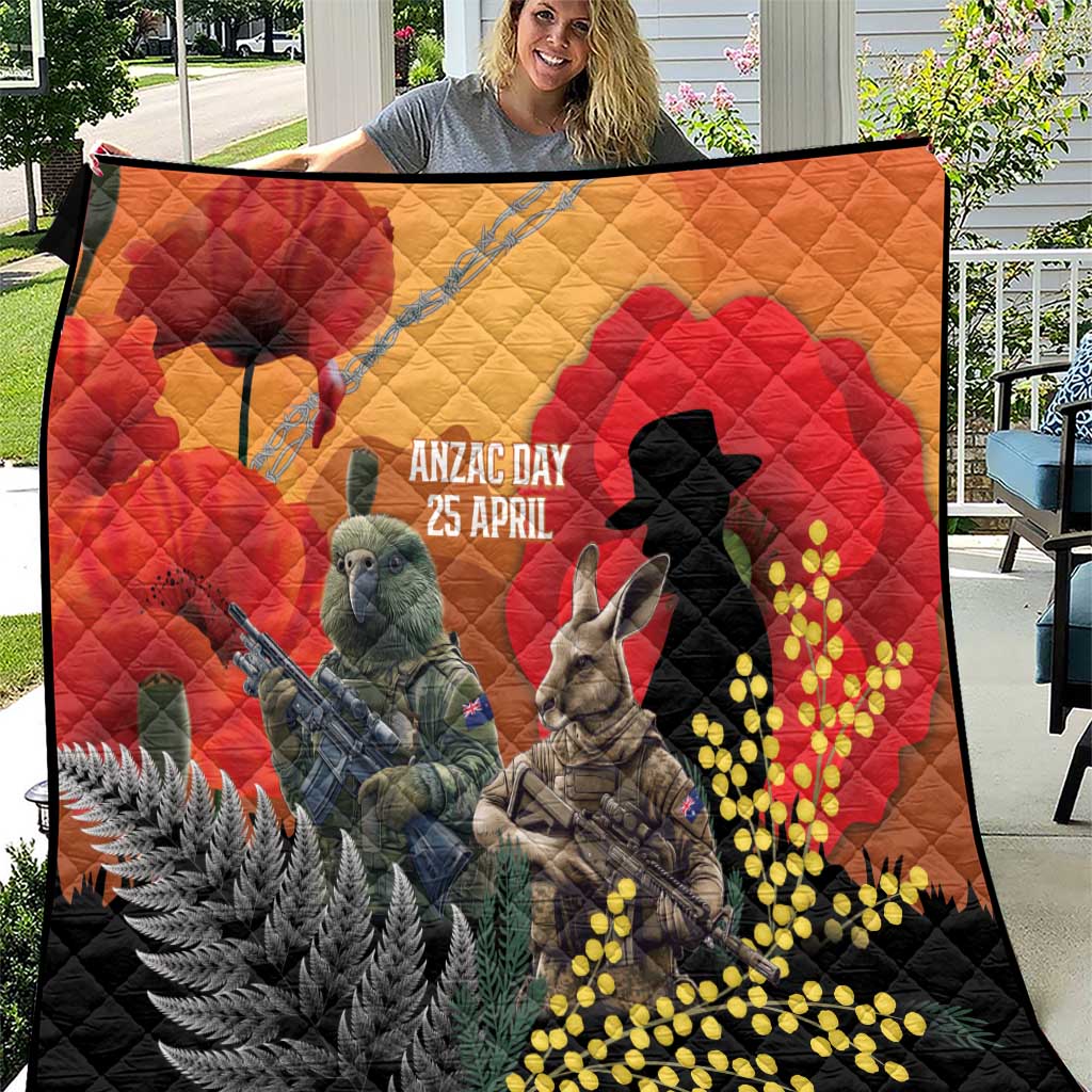 New Zealand and Australia ANZAC Day Quilt Sliver Fern Kakapo With Golden Wattle Kangaroo