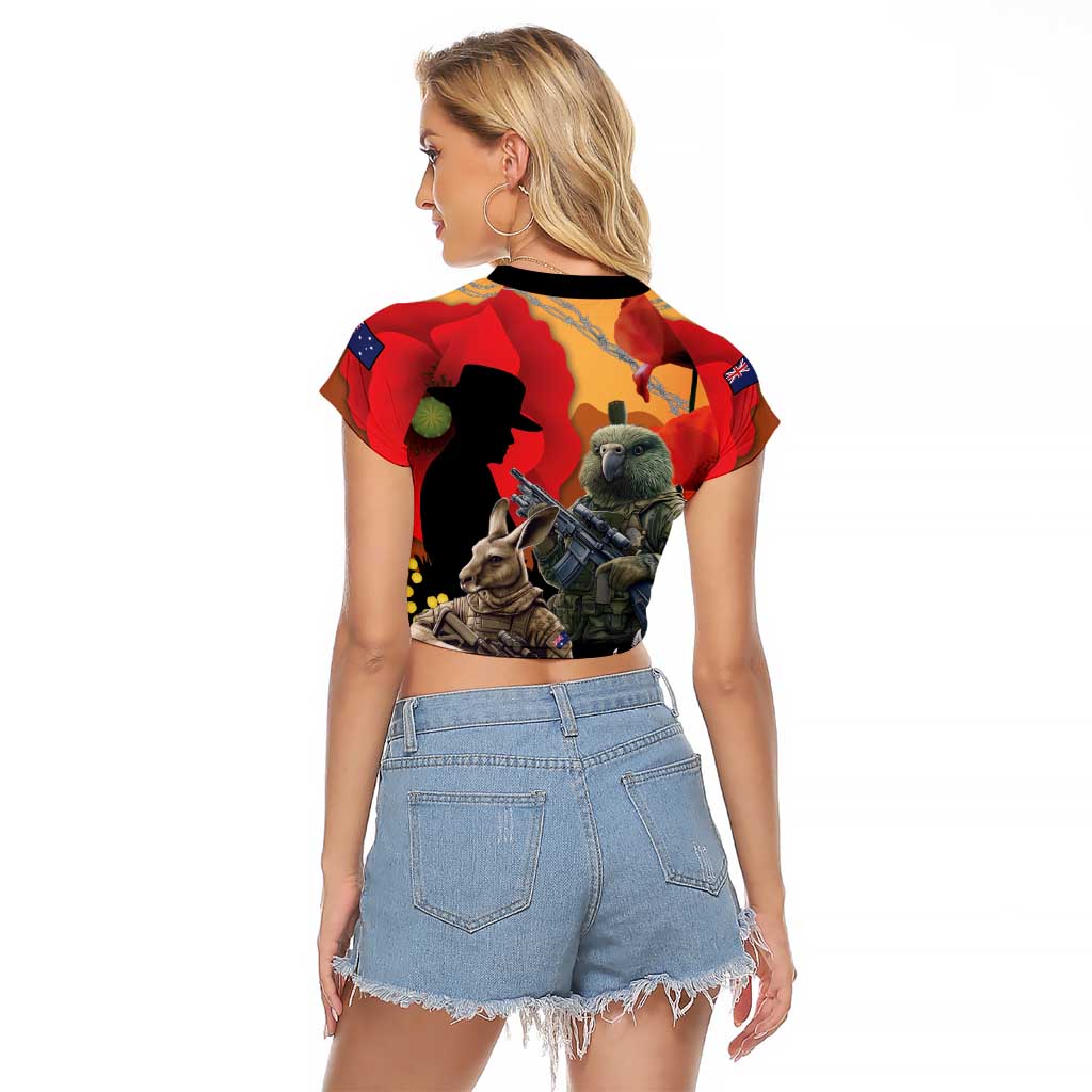 New Zealand and Australia ANZAC Day Raglan Cropped T Shirt Sliver Fern Kakapo With Golden Wattle Kangaroo