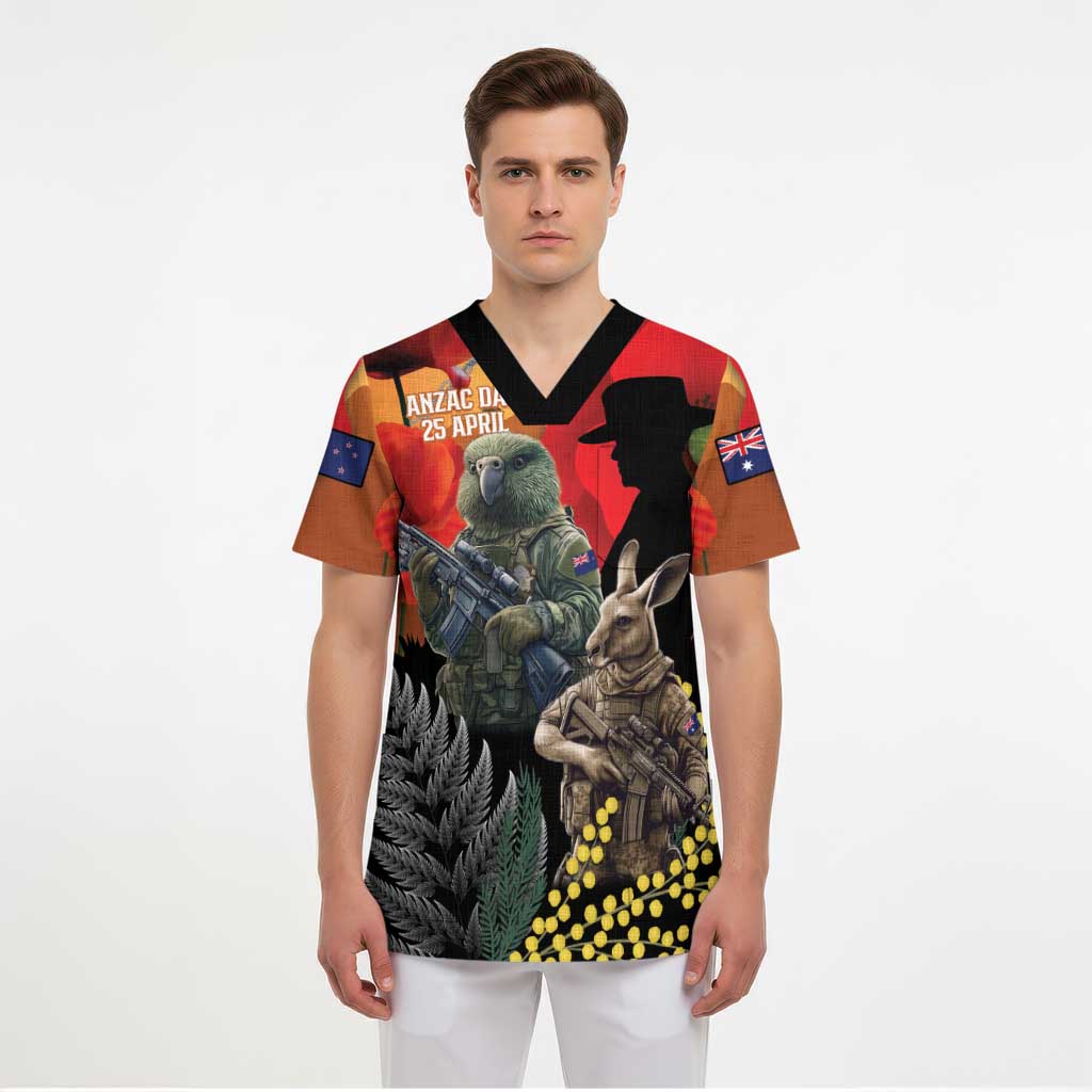 New Zealand and Australia ANZAC Day Scrub Top Sliver Fern Kakapo With Golden Wattle Kangaroo - Polynesian Pride