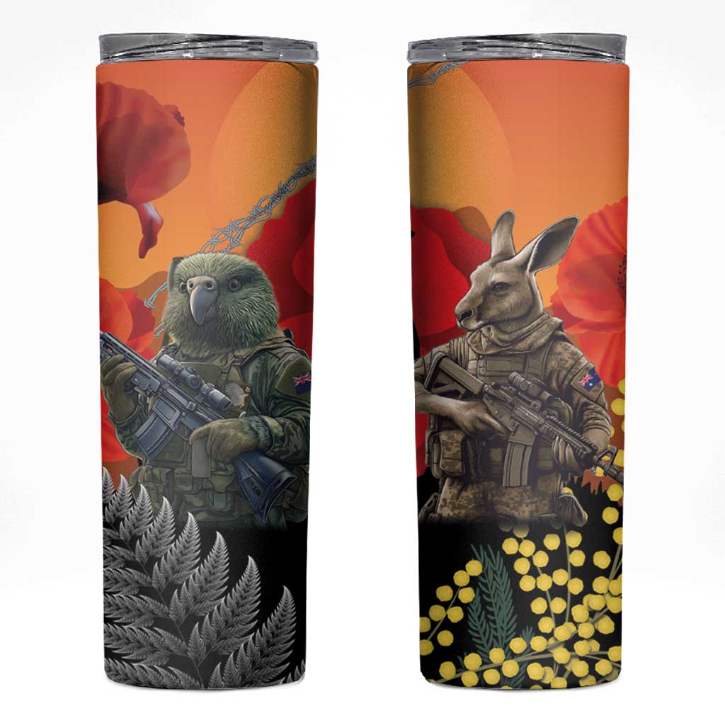 New Zealand and Australia ANZAC Day Skinny Tumbler Sliver Fern Kakapo With Golden Wattle Kangaroo LT14 Gold - Polynesian Pride