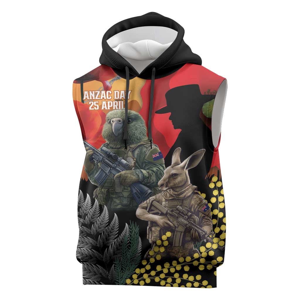 New Zealand and Australia ANZAC Day Sleeveless Hoodie Sliver Fern Kakapo With Golden Wattle Kangaroo - Polynesian Pride
