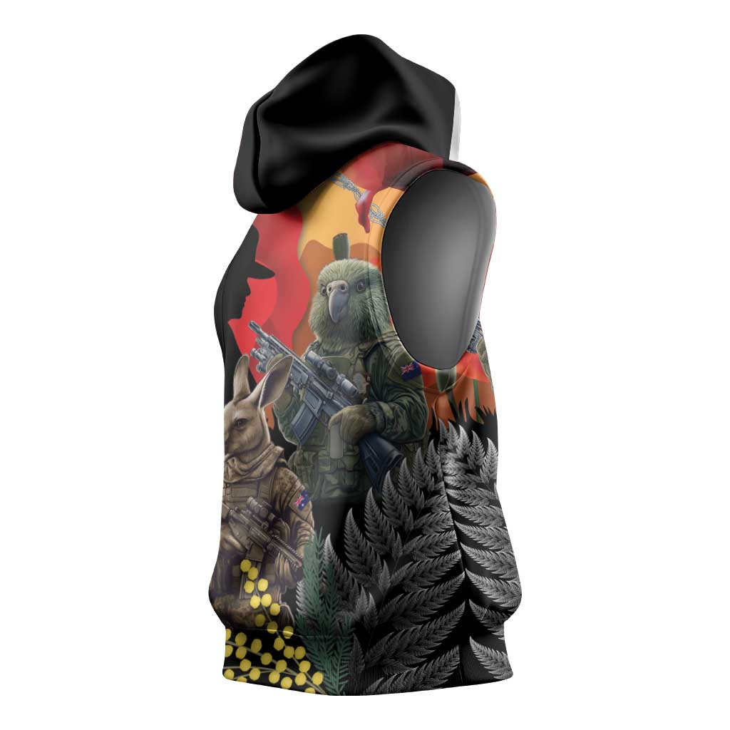 New Zealand and Australia ANZAC Day Sleeveless Hoodie Sliver Fern Kakapo With Golden Wattle Kangaroo - Polynesian Pride