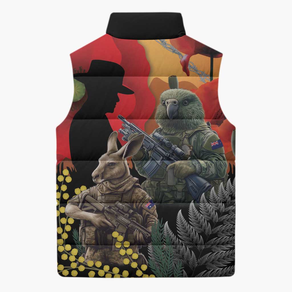 New Zealand and Australia ANZAC Day Sleeveless Puffer Jacket Sliver Fern Kakapo With Golden Wattle Kangaroo - Polynesian Pride