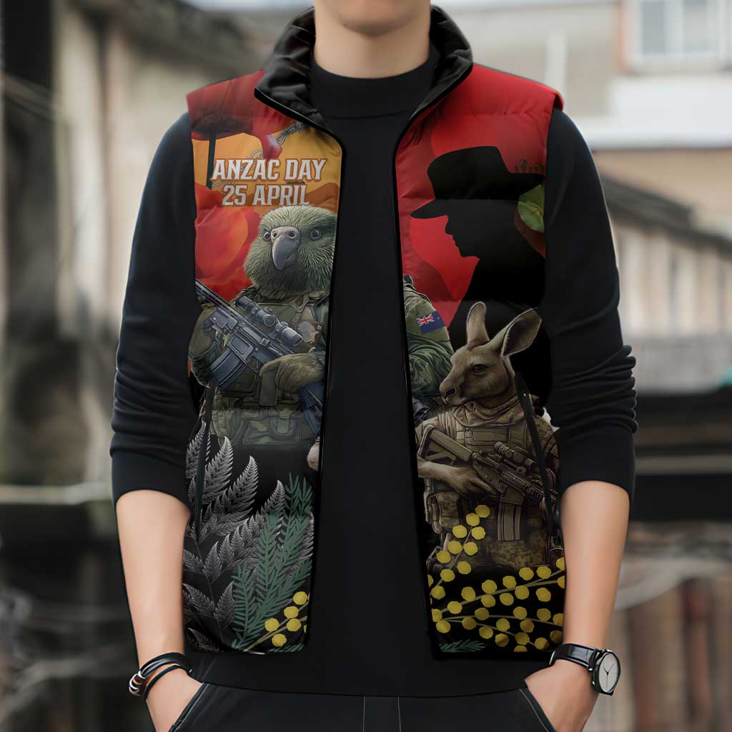 New Zealand and Australia ANZAC Day Sleeveless Puffer Jacket Sliver Fern Kakapo With Golden Wattle Kangaroo - Polynesian Pride