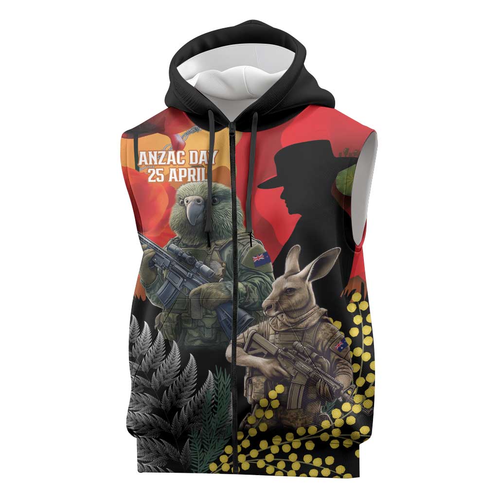 New Zealand and Australia ANZAC Day Sleeveless Zip Hoodie Sliver Fern Kakapo With Golden Wattle Kangaroo LT14 Gold - Polynesian Pride