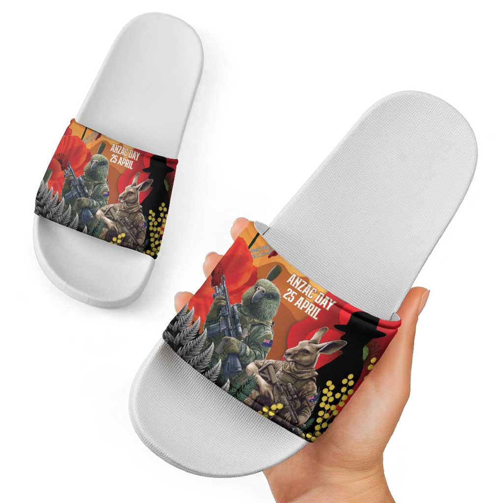 New Zealand and Australia ANZAC Day Slide Sandals Sliver Fern Kakapo With Golden Wattle Kangaroo LT14 - Polynesian Pride