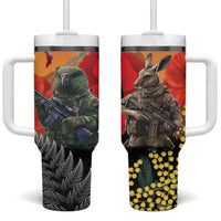 New Zealand and Australia ANZAC Day Tumbler With Handle Sliver Fern Kakapo With Golden Wattle Kangaroo LT14 One Size: 40 oz Gold - Polynesian Pride