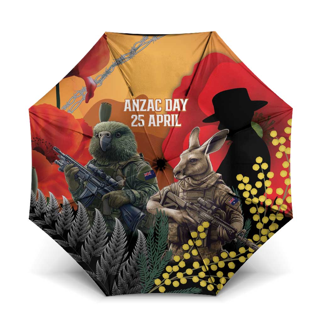 New Zealand and Australia ANZAC Day Umbrella Sliver Fern Kakapo With Golden Wattle Kangaroo - Polynesian Pride