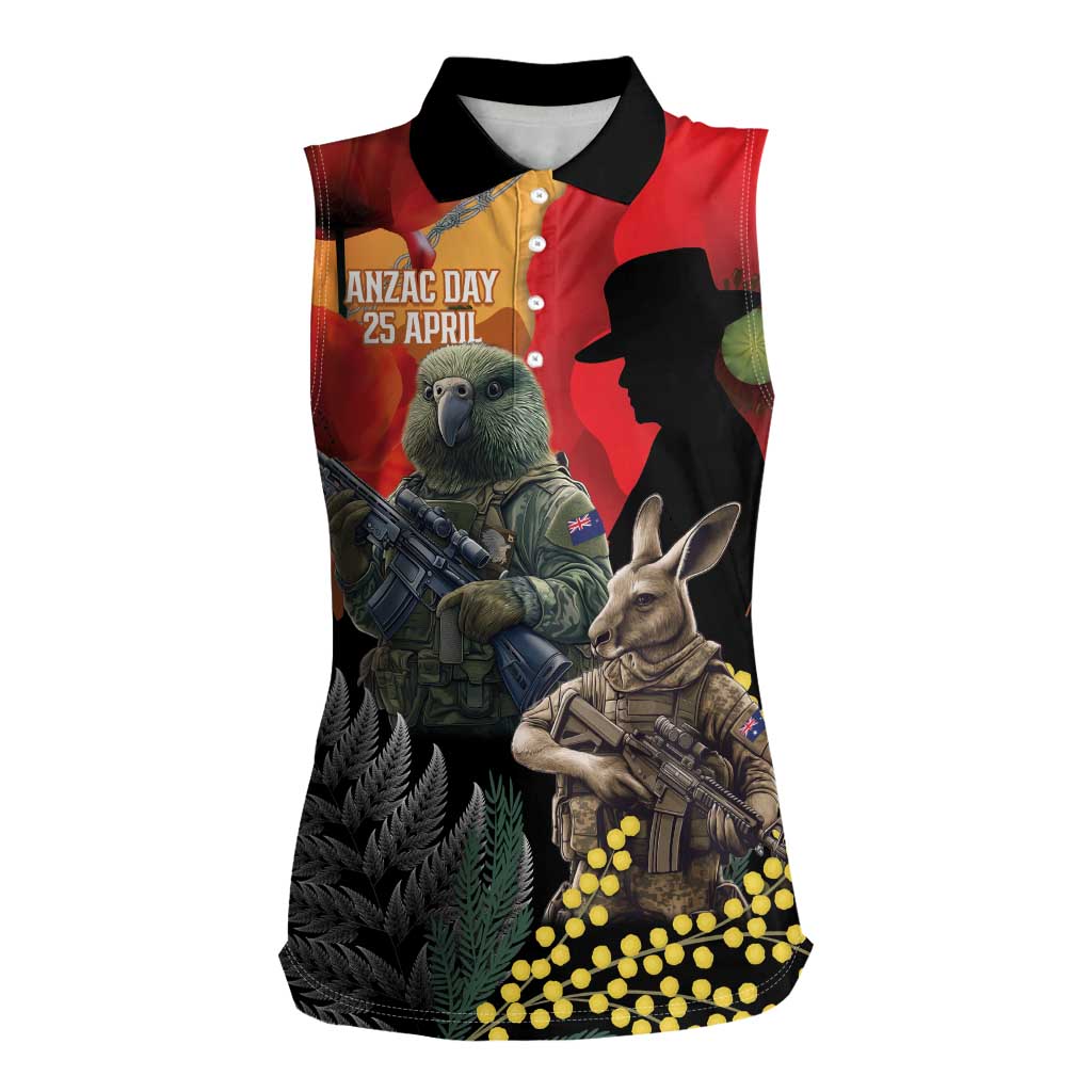 New Zealand and Australia ANZAC Day Women Sleeveless Polo Shirt Sliver Fern Kakapo With Golden Wattle Kangaroo LT14 Female Gold - Polynesian Pride