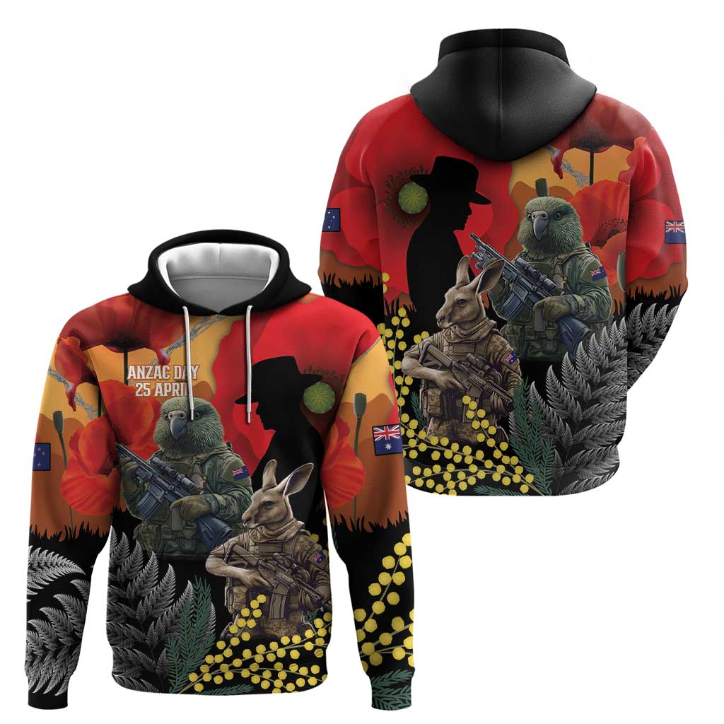 New Zealand and Australia ANZAC Day Zip Hoodie Sliver Fern Kakapo With Golden Wattle Kangaroo