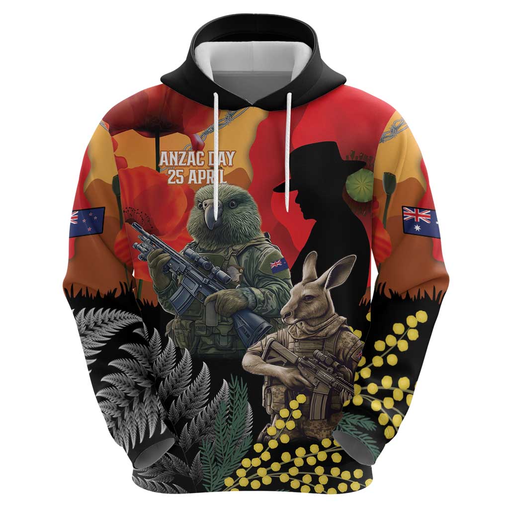 New Zealand and Australia ANZAC Day Zip Hoodie Sliver Fern Kakapo With Golden Wattle Kangaroo