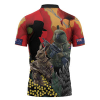 New Zealand and Australia ANZAC Day Zipper Polo Shirt Sliver Fern Kakapo With Golden Wattle Kangaroo - Polynesian Pride