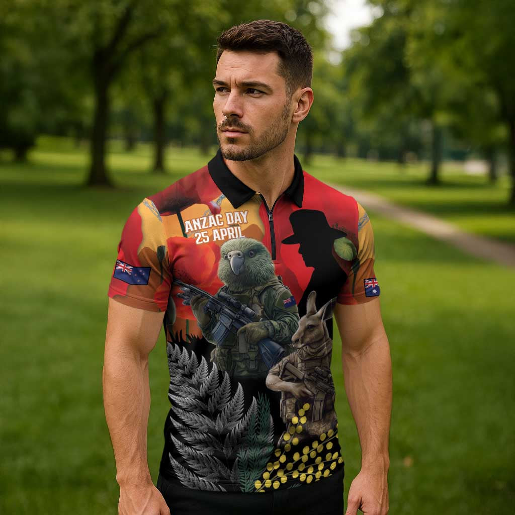 New Zealand and Australia ANZAC Day Zipper Polo Shirt Sliver Fern Kakapo With Golden Wattle Kangaroo - Polynesian Pride