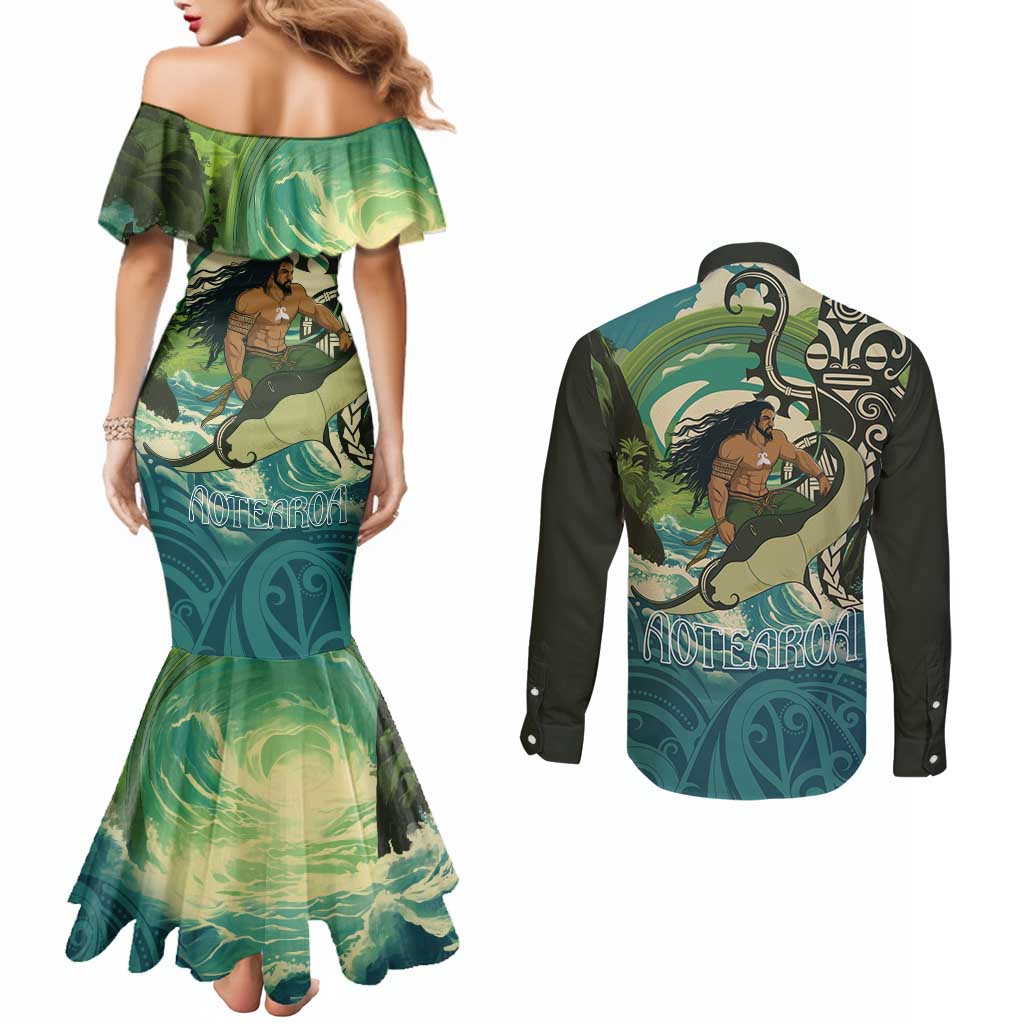 Aotearoa Tangaroa Atua Couples Matching Mermaid Dress and Long Sleeve Button Shirt New Zealand God Of The Ocean LT14 - Polynesian Pride