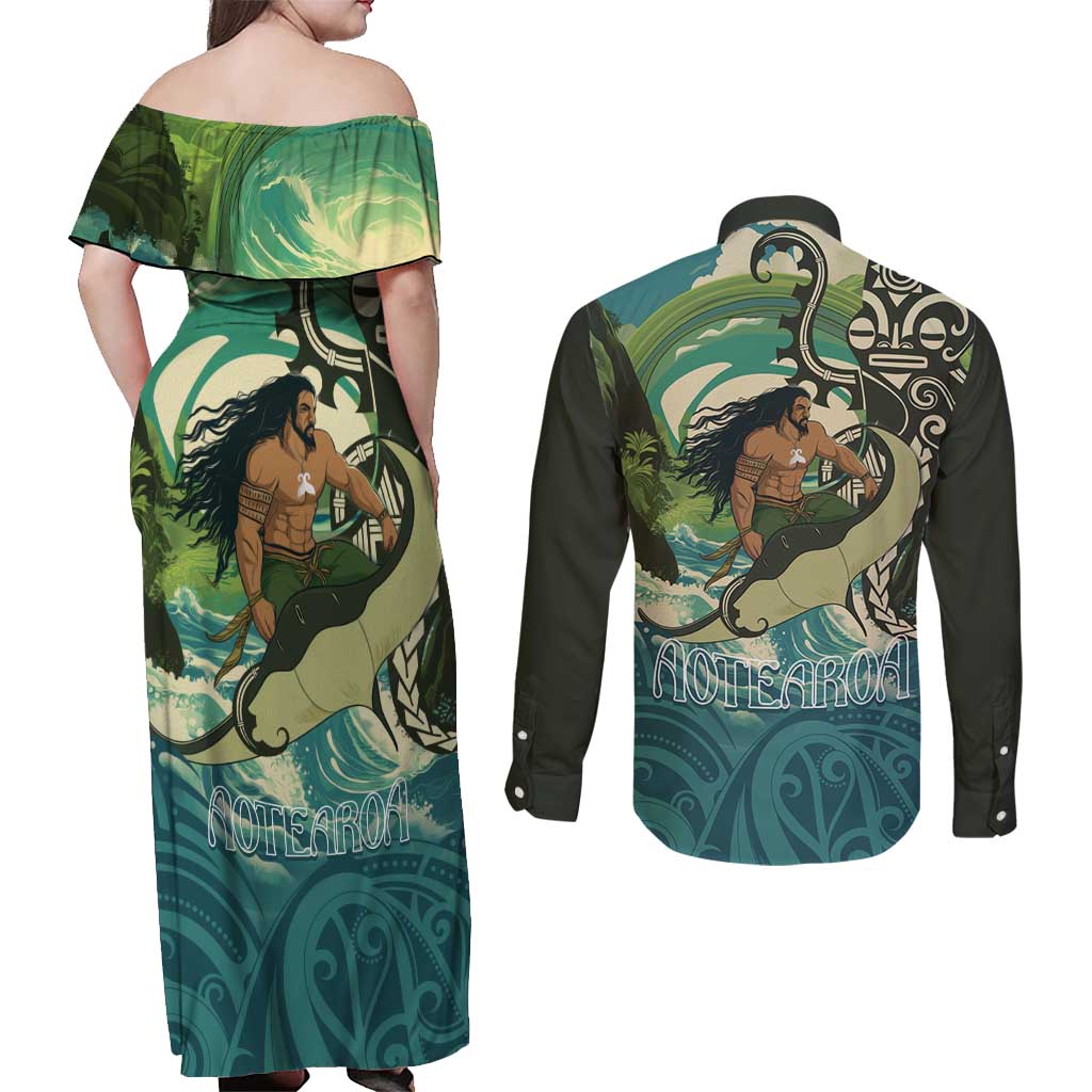 Aotearoa Tangaroa Atua Couples Matching Off Shoulder Maxi Dress and Long Sleeve Button Shirt New Zealand God Of The Ocean LT14 - Polynesian Pride