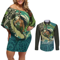 Aotearoa Tangaroa Atua Couples Matching Off Shoulder Short Dress and Long Sleeve Button Shirt New Zealand God Of The Ocean LT14 Cyan - Polynesian Pride