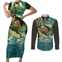 Aotearoa Tangaroa Atua Couples Matching Short Sleeve Bodycon Dress and Long Sleeve Button Shirt New Zealand God Of The Ocean LT14 Cyan - Polynesian Pride