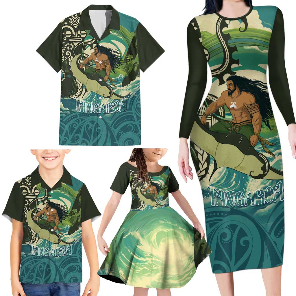 Aotearoa Tangaroa Atua Family Matching Long Sleeve Bodycon Dress and Hawaiian Shirt New Zealand God Of The Ocean LT14 - Polynesian Pride