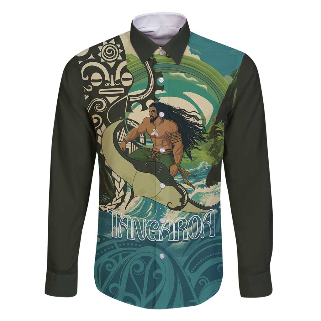 Aotearoa Tangaroa Atua Family Matching Mermaid Dress and Hawaiian Shirt New Zealand God Of The Ocean LT14 Dad's Shirt - Long Sleeve Cyan - Polynesian Pride