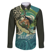 Aotearoa Tangaroa Atua Family Matching Off Shoulder Maxi Dress and Hawaiian Shirt New Zealand God Of The Ocean LT14 Dad's Shirt - Long Sleeve Cyan - Polynesian Pride