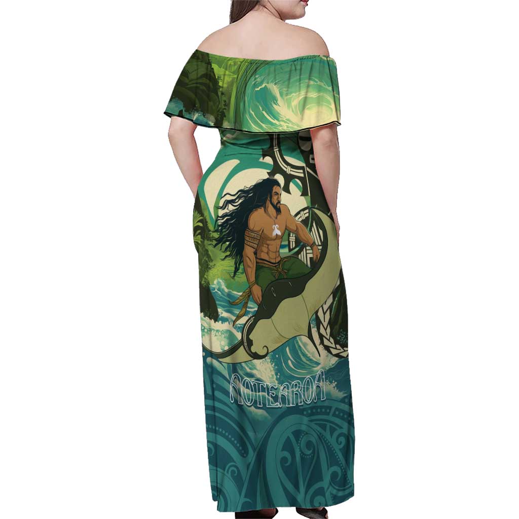Aotearoa Tangaroa Atua Family Matching Off Shoulder Maxi Dress and Hawaiian Shirt New Zealand God Of The Ocean LT14 - Polynesian Pride