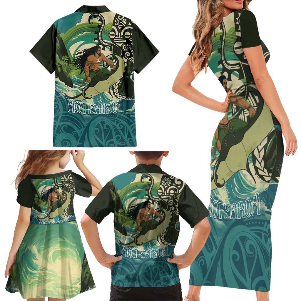 Aotearoa Tangaroa Atua Family Matching Short Sleeve Bodycon Dress and Hawaiian Shirt New Zealand God Of The Ocean LT14 - Polynesian Pride