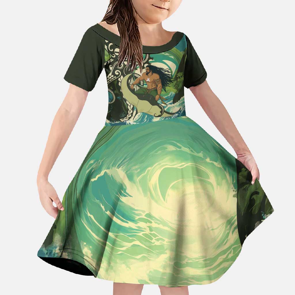 Aotearoa Tangaroa Atua Family Matching Summer Maxi Dress and Hawaiian Shirt New Zealand God Of The Ocean LT14 Daughter's Dress Cyan - Polynesian Pride