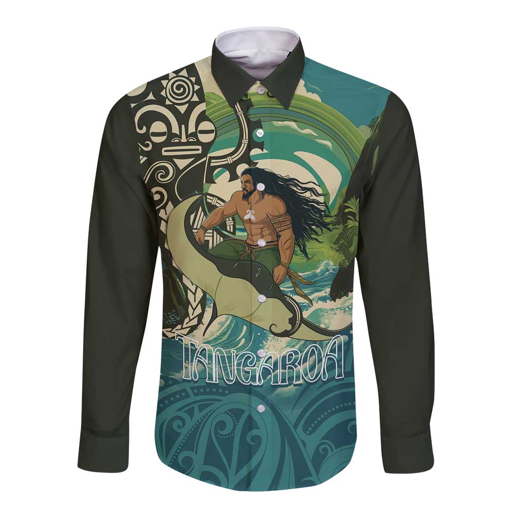 Aotearoa Tangaroa Atua Long Sleeve Button Shirt New Zealand God Of The Ocean LT14 Unisex Cyan - Polynesian Pride