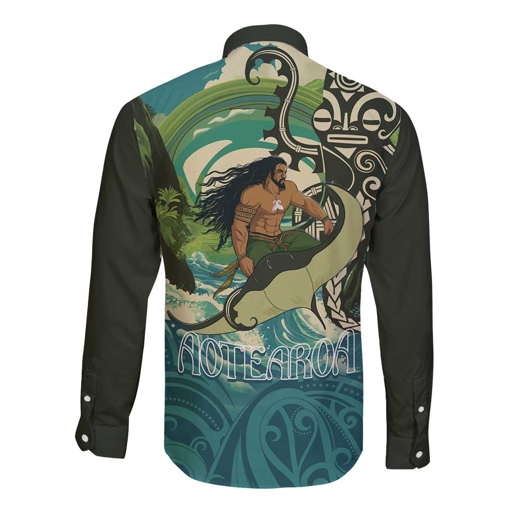 Aotearoa Tangaroa Atua Long Sleeve Button Shirt New Zealand God Of The Ocean LT14 - Polynesian Pride