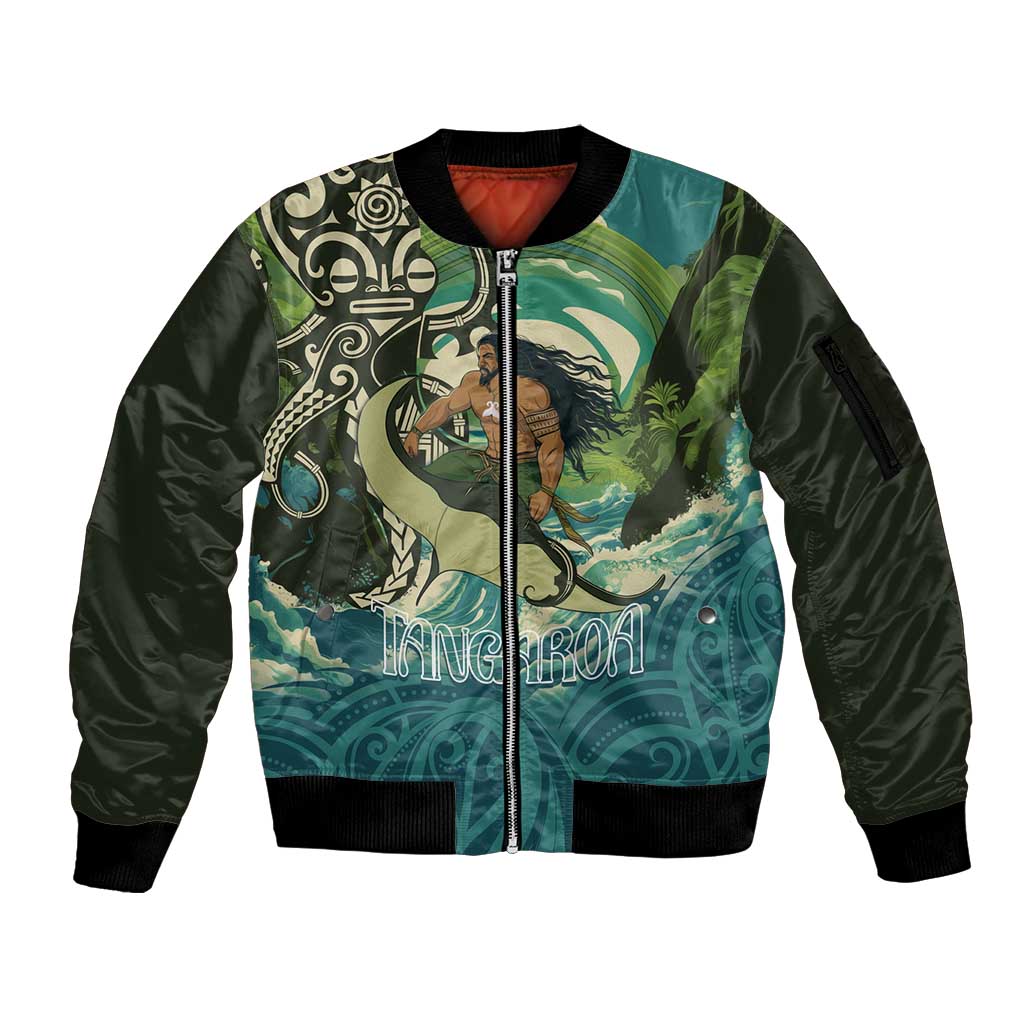 Aotearoa Tangaroa Atua Sleeve Zip Bomber Jacket New Zealand God Of The Ocean