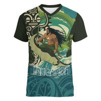 Aotearoa Tangaroa Atua Women V-Neck T-Shirt New Zealand God Of The Ocean LT14 Female Cyan - Polynesian Pride