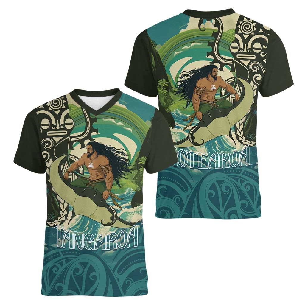 Aotearoa Tangaroa Atua Women V-Neck T-Shirt New Zealand God Of The Ocean LT14 - Polynesian Pride