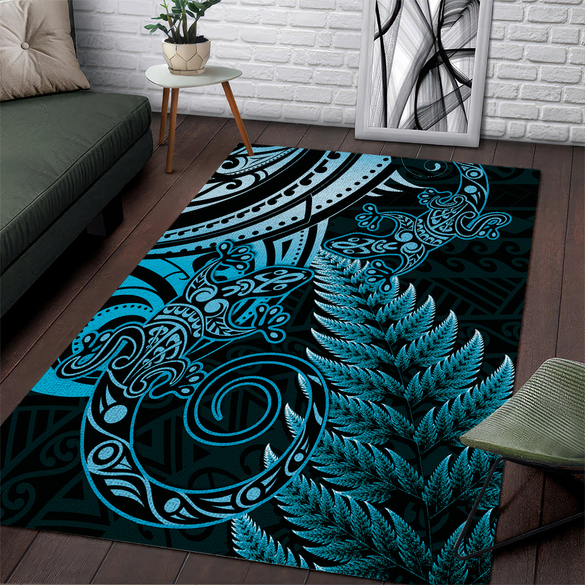 New Zealand Lizard Area Rug Silver Fern Aotearoa Maori Blue Version
