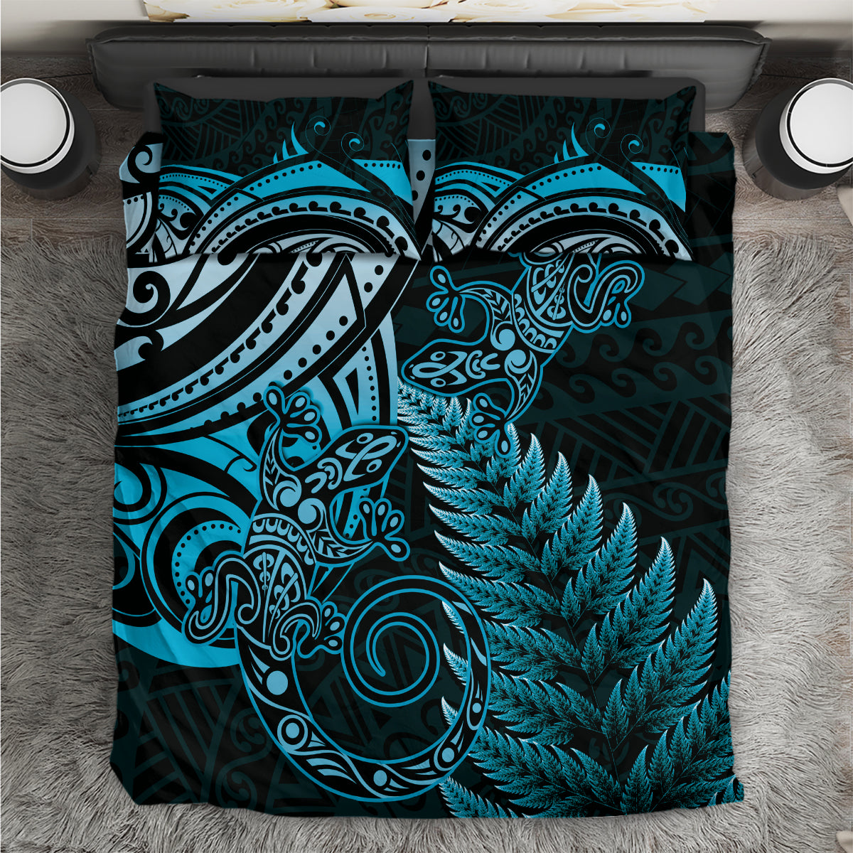 New Zealand Lizard Bedding Set Silver Fern Aotearoa Maori Blue Version