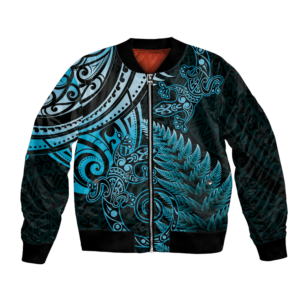 New Zealand Lizard Bomber Jacket Silver Fern Aotearoa Maori Blue Version