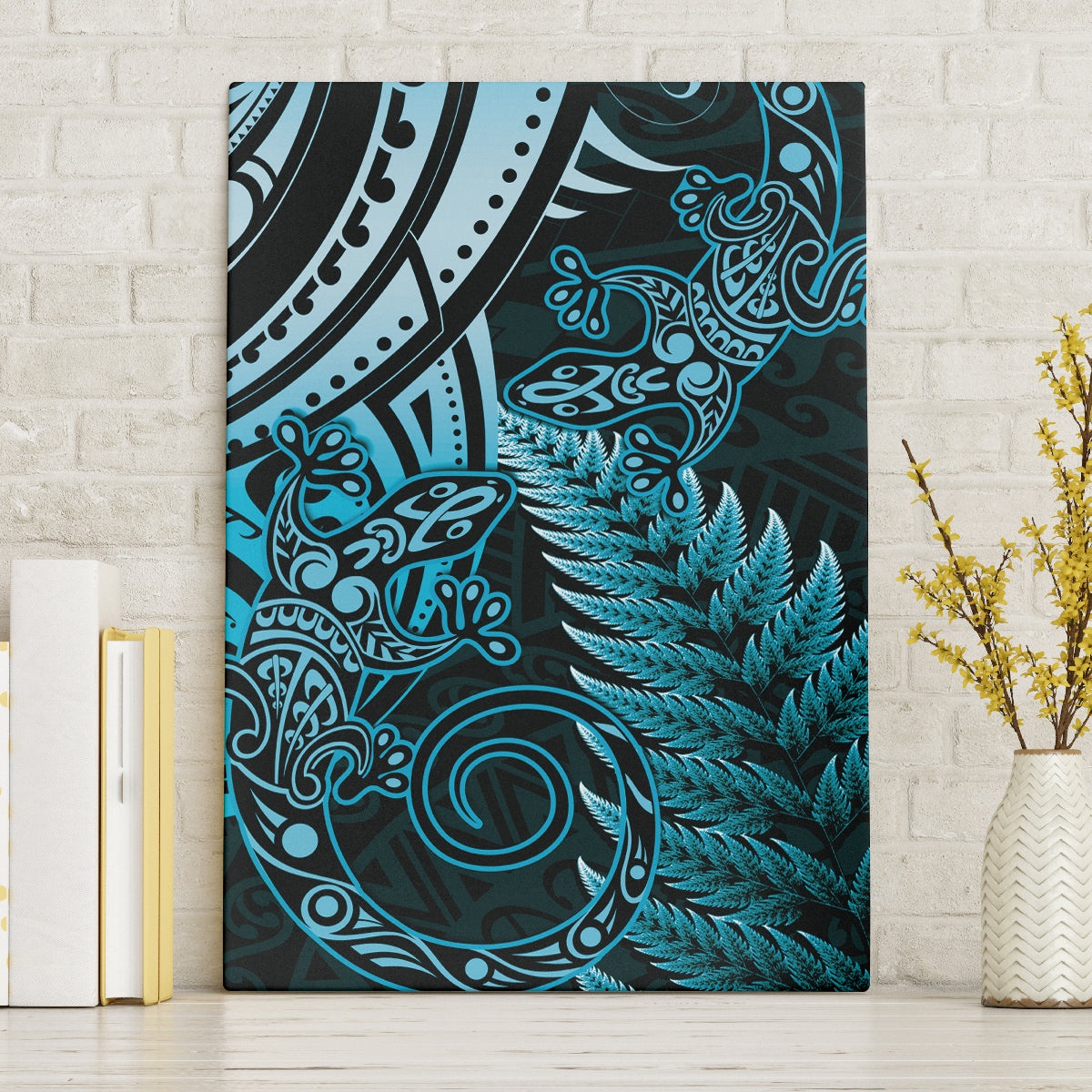 New Zealand Lizard Canvas Wall Art Silver Fern Aotearoa Maori Blue Version