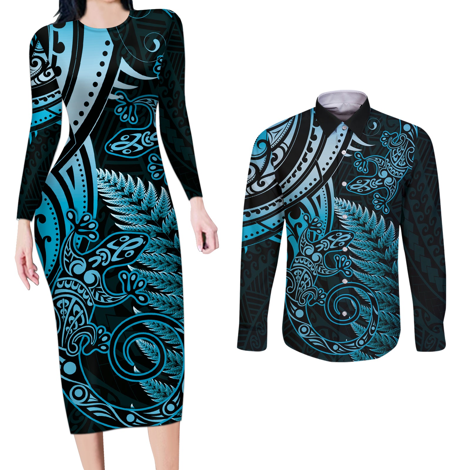 New Zealand Lizard Couples Matching Long Sleeve Bodycon Dress and Long Sleeve Button Shirt Silver Fern Aotearoa Maori Blue Version LT14 Blue - Polynesian Pride