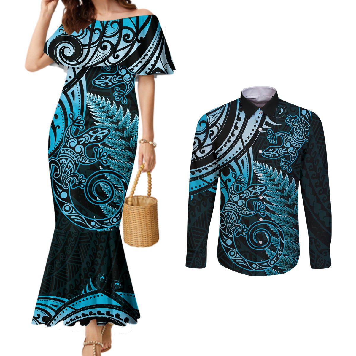 New Zealand Lizard Couples Matching Mermaid Dress and Long Sleeve Button Shirt Silver Fern Aotearoa Maori Blue Version LT14 Blue - Polynesian Pride