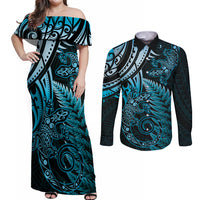New Zealand Lizard Couples Matching Off Shoulder Maxi Dress and Long Sleeve Button Shirt Silver Fern Aotearoa Maori Blue Version LT14 Blue - Polynesian Pride