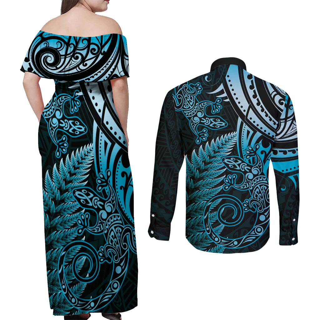New Zealand Lizard Couples Matching Off Shoulder Maxi Dress and Long Sleeve Button Shirt Silver Fern Aotearoa Maori Blue Version LT14 - Polynesian Pride