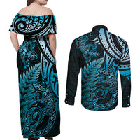 New Zealand Lizard Couples Matching Off Shoulder Maxi Dress and Long Sleeve Button Shirt Silver Fern Aotearoa Maori Blue Version LT14 - Polynesian Pride