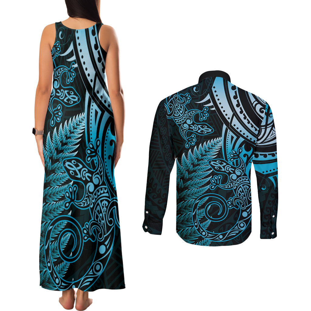New Zealand Lizard Couples Matching Tank Maxi Dress and Long Sleeve Button Shirt Silver Fern Aotearoa Maori Blue Version LT14 - Polynesian Pride