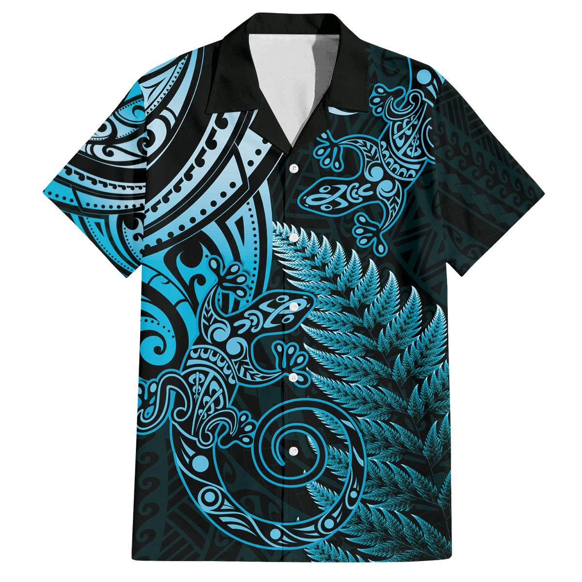 New Zealand Lizard Family Matching Long Sleeve Bodycon Dress and Hawaiian Shirt Silver Fern Aotearoa Maori Blue Version LT14 Dad's Shirt - Short Sleeve Blue - Polynesian Pride
