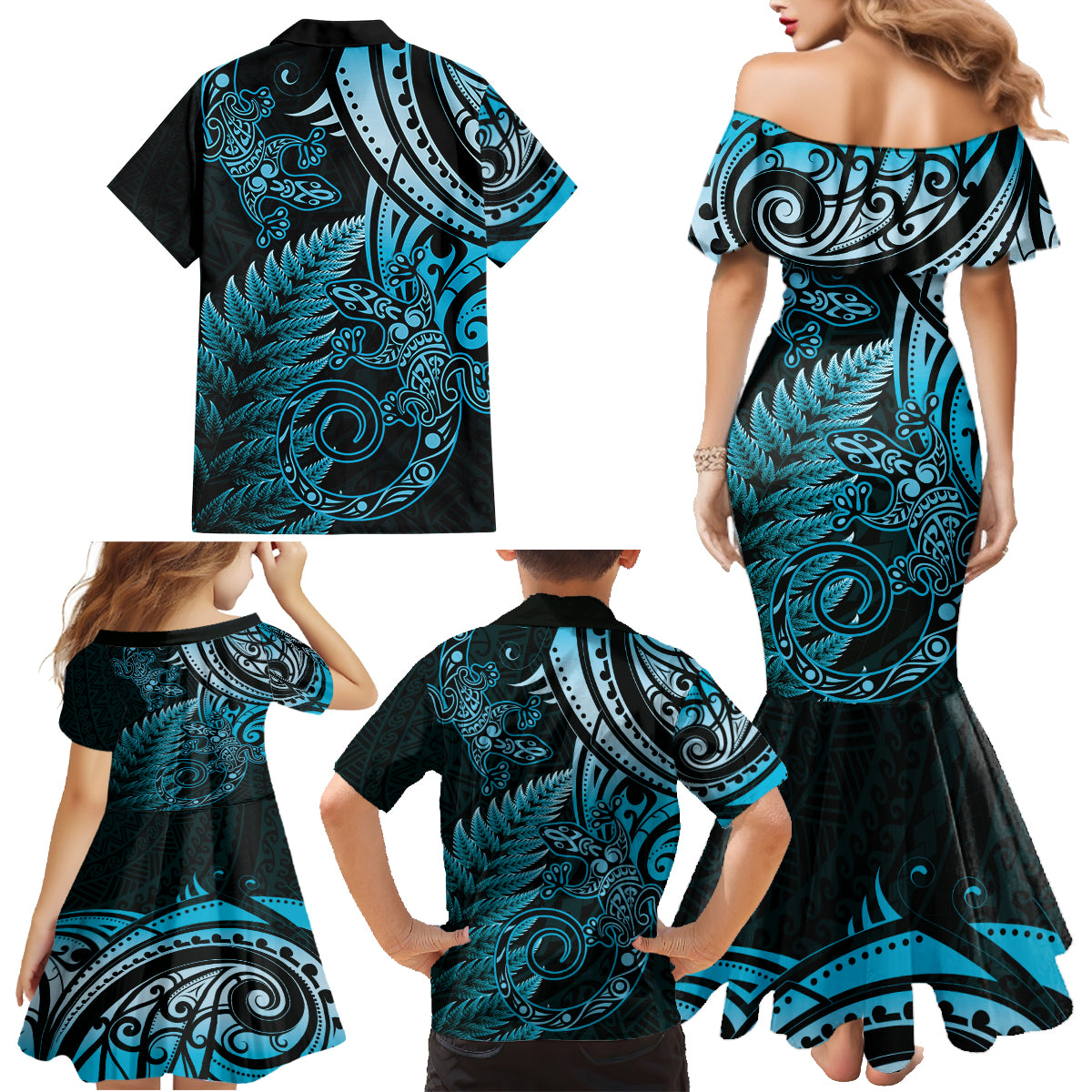 New Zealand Lizard Family Matching Mermaid Dress and Hawaiian Shirt Silver Fern Aotearoa Maori Blue Version LT14 - Polynesian Pride