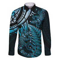 New Zealand Lizard Family Matching Mermaid Dress and Hawaiian Shirt Silver Fern Aotearoa Maori Blue Version LT14 Dad's Shirt - Long Sleeve Blue - Polynesian Pride