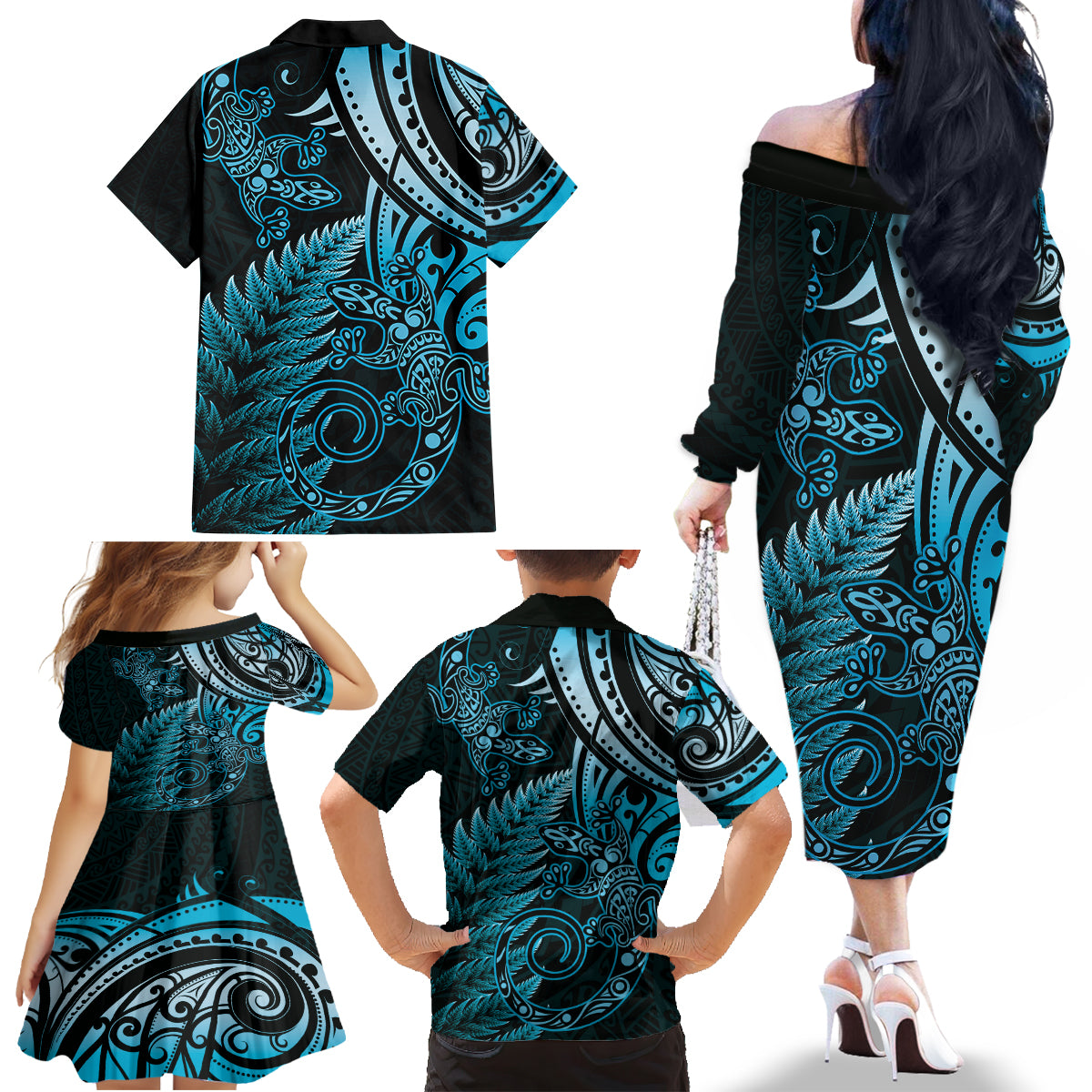 New Zealand Lizard Family Matching Off The Shoulder Long Sleeve Dress and Hawaiian Shirt Silver Fern Aotearoa Maori Blue Version